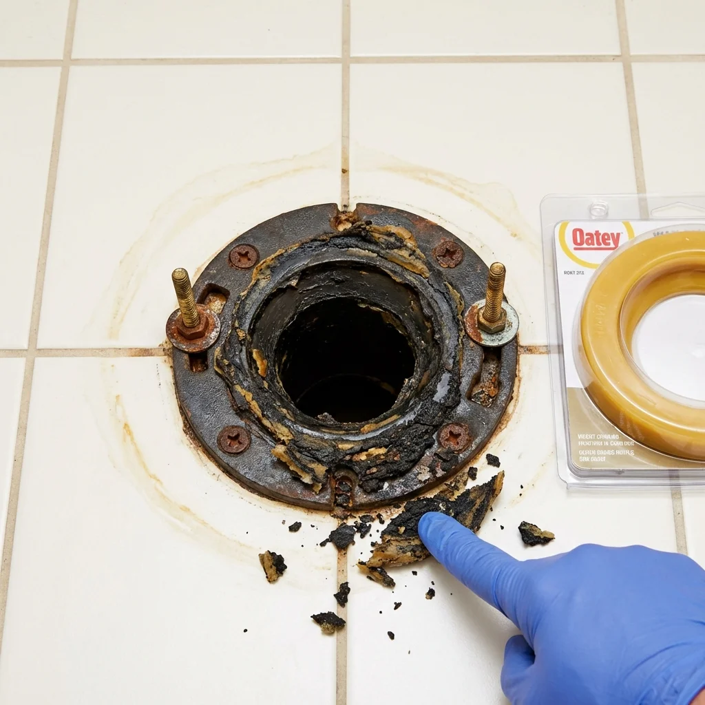 Failed wax ring showing water seepage at the base of a toilet in a Albion, NY home