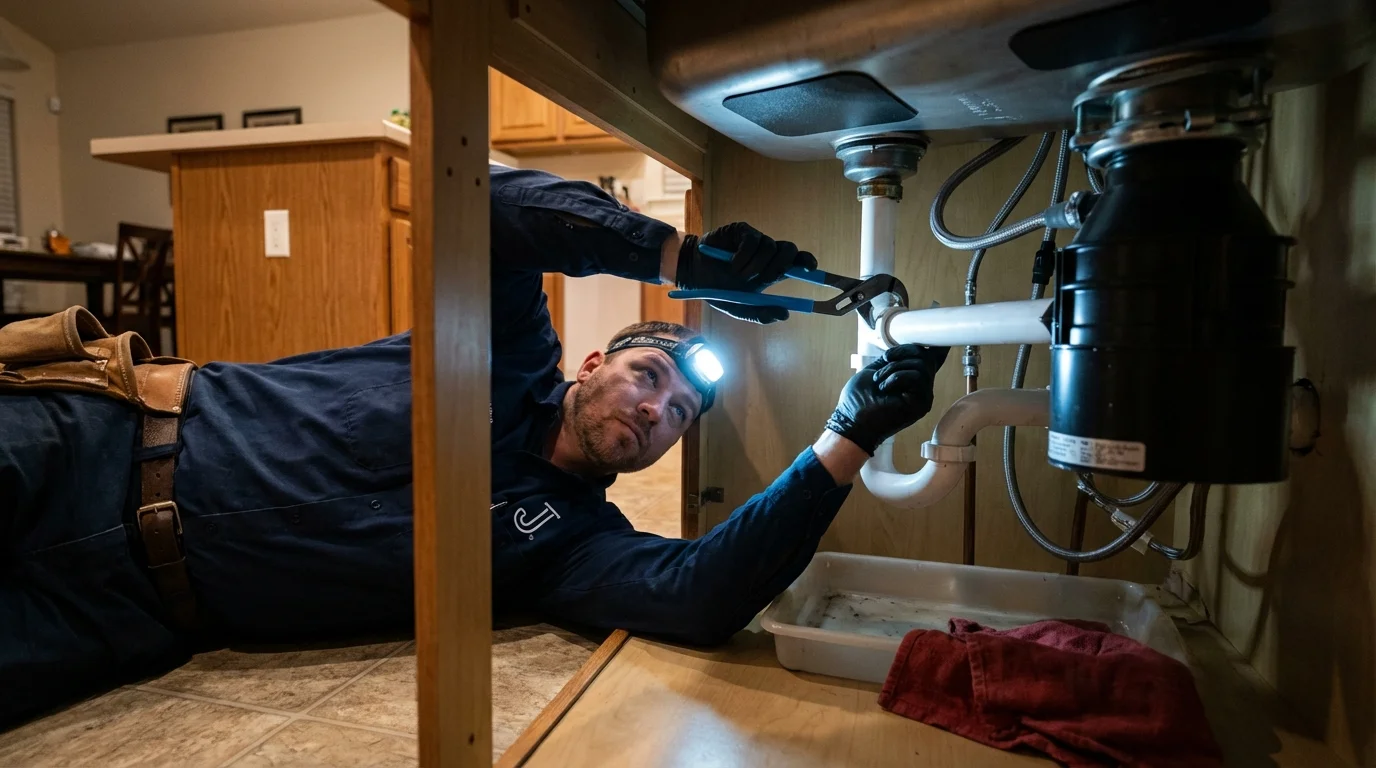 P-trap and supply line connections under a kitchen sink showing a common leak point in Albion, NY